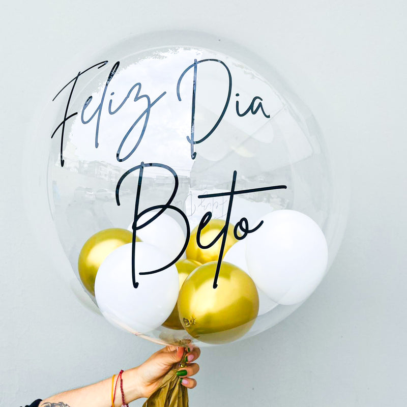 Globo burbuja + Bouquet globos dorados