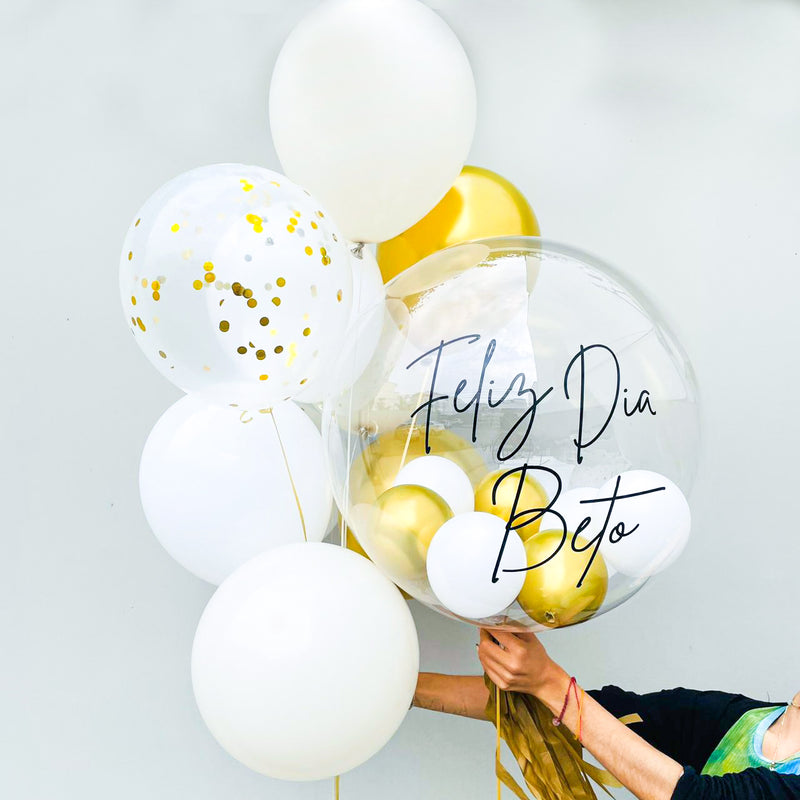 Globo burbuja + Bouquet globos dorados