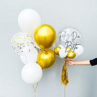 Globo burbuja + Bouquet globos dorados