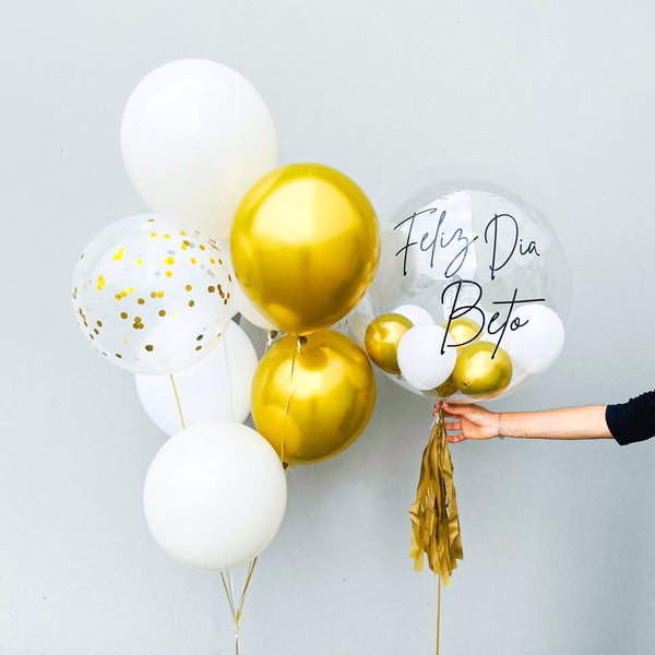 Globo burbuja + Bouquet globos dorados