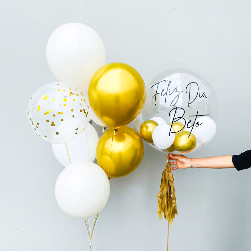 Globo burbuja + Bouquet globos dorados
