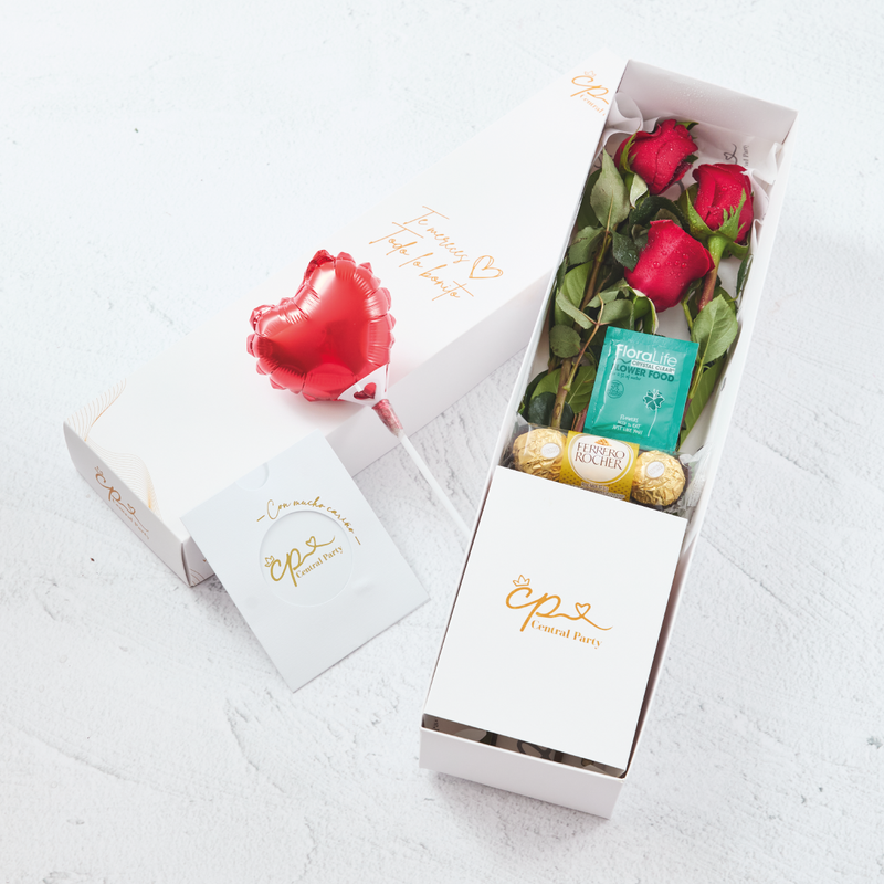 Caja de 3 Rosas Rojas y chocolates