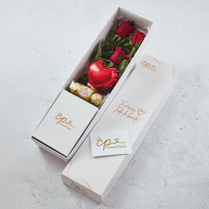 Caja de 3 Rosas Rojas y chocolates
