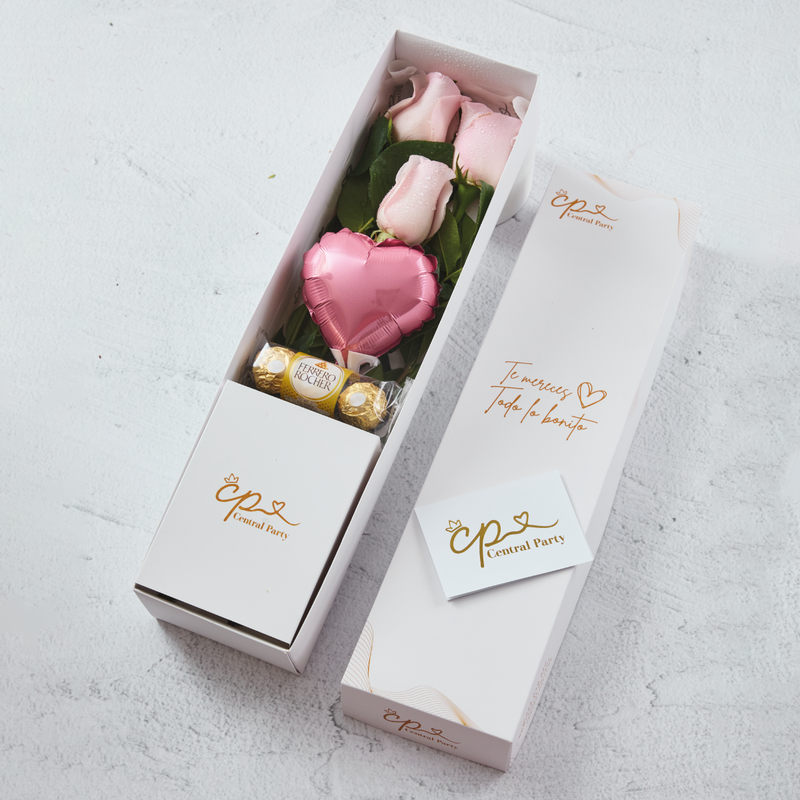 Caja de 3 Rosas Rosadas y chocolates