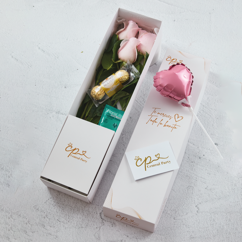 Caja de 3 Rosas Rosadas y chocolates