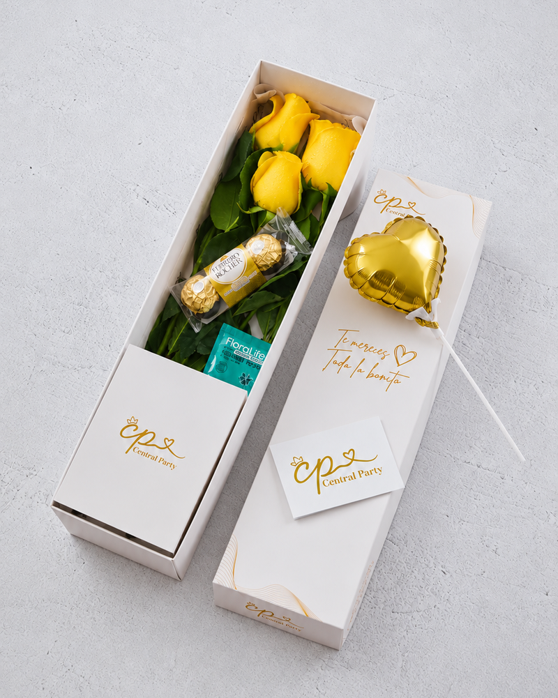 Caja de 3 Rosas Amarillas y chocolates