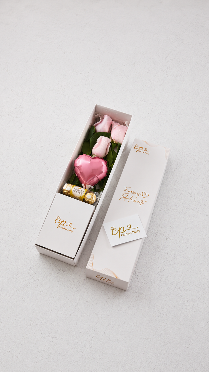 Caja de 3 Rosas Rosadas y chocolates