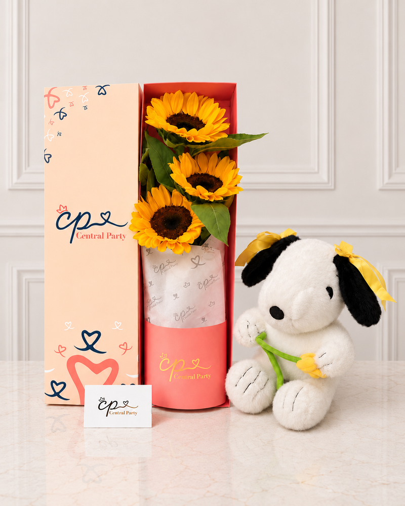 Pack Caja Girasoles y Peluche Tulipan