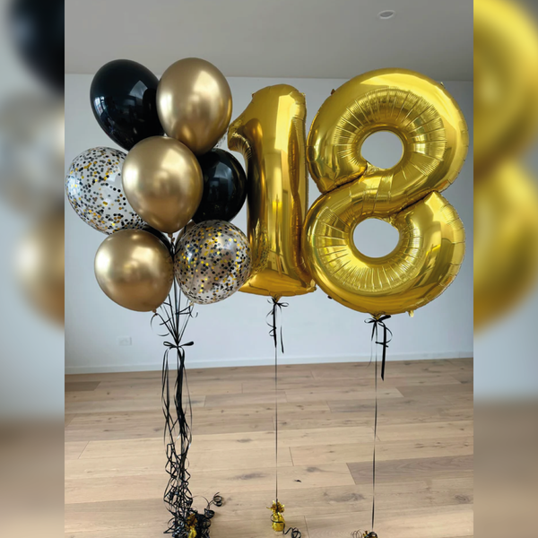 Globo Números + Racimo Globos dorados