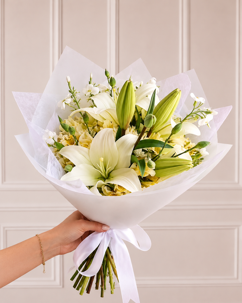 Ramo Lirio Blanco y Astromelias Cremas